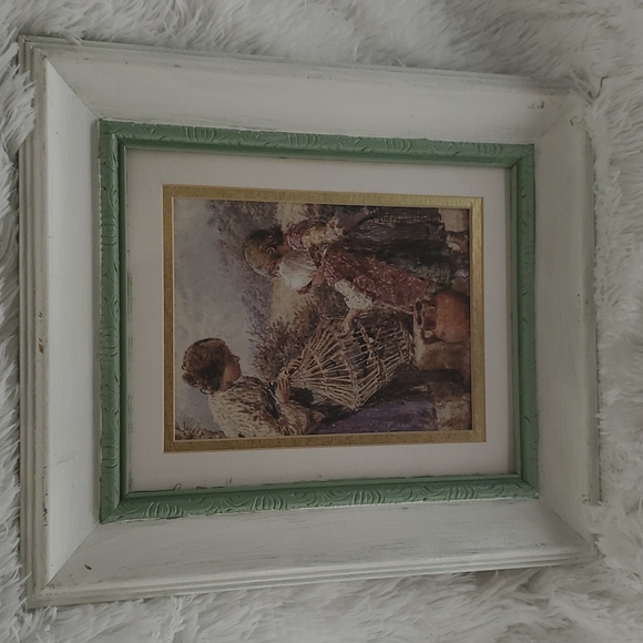Vintage Art Vintage Framed Artwork Woman Children And Birdcage
